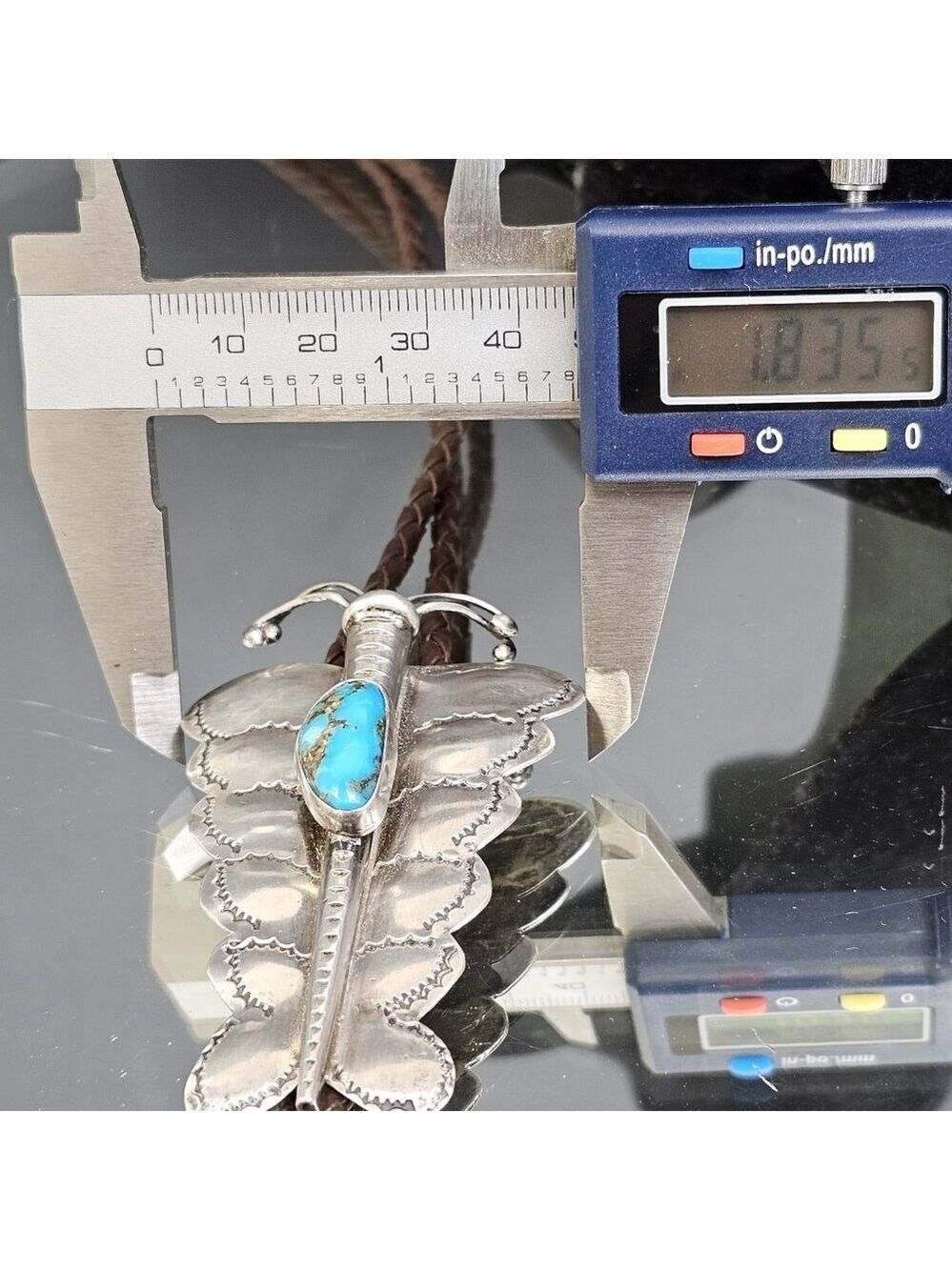 Navajo Turquoise Sterling Silver Bolo Tie Large Butterfly Signed HW. USA - Picture 12 of 12